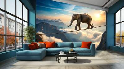 Elephant walking on tightrope between two mountains peaks, Elephant, tightrope, balancing, risk, daredevil Wall mural