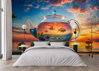 Floating teapot aquarium with colorful fish swimming at sunset, teapot, aquarium, fish, sunset, colorful, floating, water Wall mural