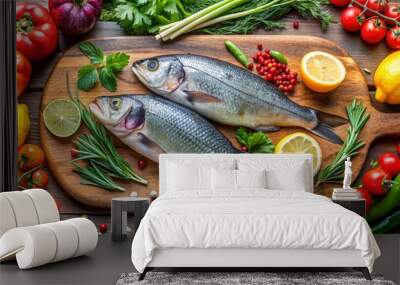 Fresh catch of fish with colorful vegetables on a cutting board, fish, vegetables, fresh, healthy, cooking, meal Wall mural