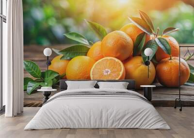 Fresh ripe oranges with leaves on a wooden table Close up , Oranges, ripe, fresh, leaves, wooden table, citrus, fruit, healthy Wall mural