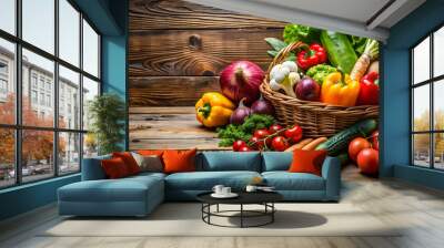 Fresh vegetables on a wooden table, healthy, fresh, vegetables, table, natural, organic, nutrition, diet, green, vegetarian Wall mural