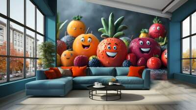 Funny Fruits with Smiling Faces Cute Cartoon Food Characters Wall mural