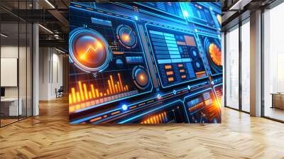 Futuristic software interface with glowing orange and blue graphics displaying data and system information, technology Wall mural