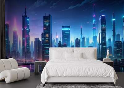 Futuristic urban skyline in a cyberpunk night city , cyberpunk, neon lights, skyline, futuristic, cityscape, technology Wall mural