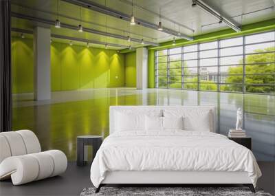 Gallery hall with chartreuse wall, glossy concrete floor, and bright windows, Gallery, hall, chartreuse wall, glossy Wall mural