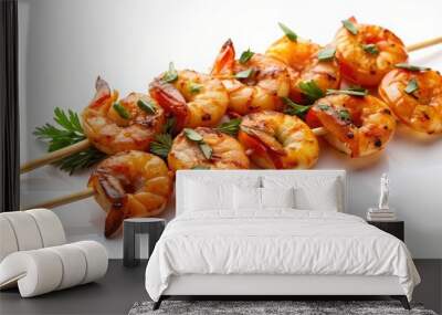 Grilled shrimp on a skewer, isolated on white background, roasted, peeled, prawn, shrimp, skewer, grilled, seafood Wall mural