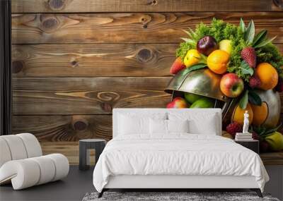 Helmet made of fruits and leaves on top, with a wooden table background , tropical, organic, sustainable, natural, summer Wall mural