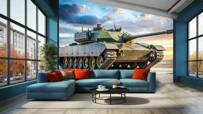 of a modern armoured military tank , armored, military, tank, vehicle, war, weapon, defense, camouflage, artillery, metal Wall mural