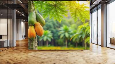 Papaya hanging from a lush tropical tree , tropical, fruit, hanging, ripe, fresh, green, agriculture, plantation, harvest, organic Wall mural