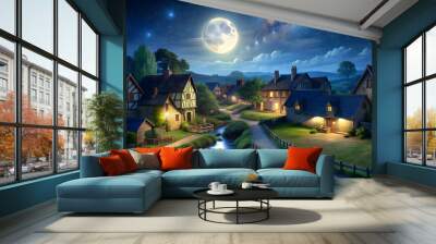 Peaceful village at night under moonlight, moon, village, night, peaceful, tranquil, serene, countryside, charming, landscape Wall mural