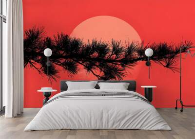 Pine Branch Silhouette Against Red Sun. Wall mural