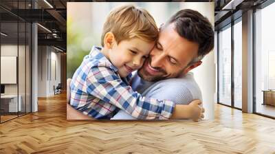 Portrait of a father hugging his young son with love and affection, father, son, love, family, bonding, affection, care Wall mural