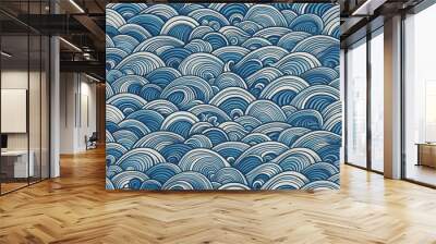 Seamless Japanese wave pattern with woodcut style blue design and ocean texture, Japanese, waves, seamless, pattern, woodcut Wall mural