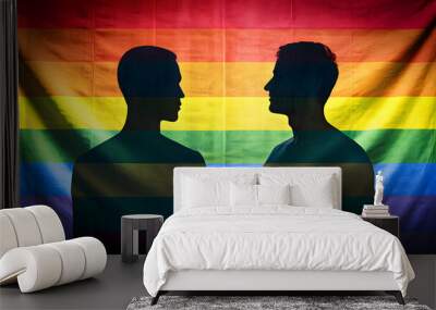 Silhouettes of two people back to back on LGBTQ flag background, silhouettes, people, back to back, LGBTQ, flag, pride Wall mural