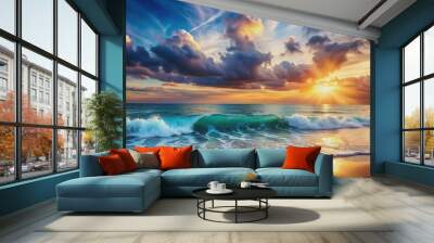 Soft ocean wave and beautiful cloudy sky with a fantastic sunset shore background, ocean, wave, beautiful, cloudy sky, sunset Wall mural