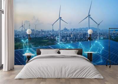 Solar Panels and Wind Turbines Powering Cityscape Wall mural