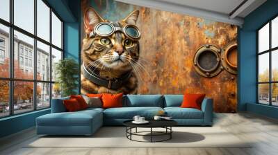 Steampunk cat in goggles against rusty metal background, looking curious, steampunk, cat, goggles, rusty, metal, background Wall mural