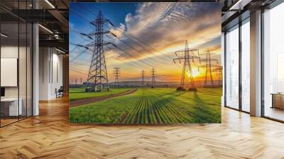 sunset over the electric transport field Wall mural