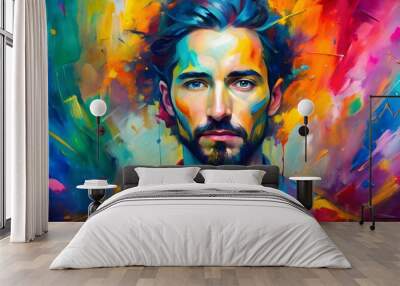 Vibrant abstract painting with dynamic strokes and obscured portrait center, art, abstract, painting, vibrant, dynamic Wall mural