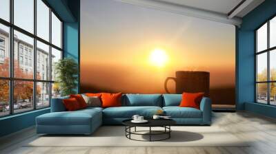 Morning cup of coffee and cigarette with mountain background at sunrise, Silhouettes on sunrise morning coffee , soft and select focus.. Wall mural