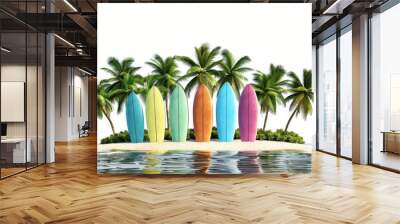 A cute summer island with colorful surfboards Wall mural