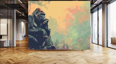 gorilla sitting pensively in a forest clearing background color Wall mural