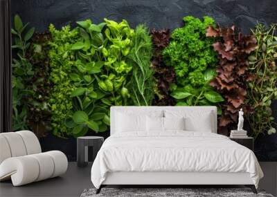 mix leaf of culinary herbs in a beautiful green healthy background food wallpaper Wall mural