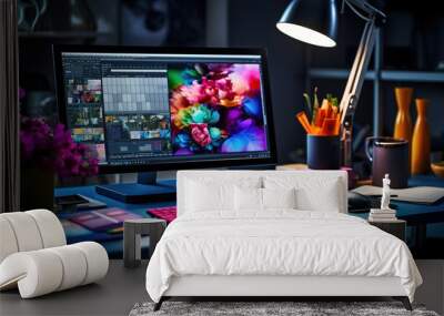 A Designer's Workspace Featuring a Graphic Tablet and Color Swatches Wall mural