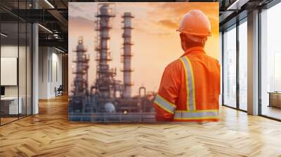 A worker in safety gear observes a refinery at sunset, highlighting industrial challenges and safety in the energy sector. Wall mural