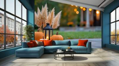 Autumn-themed outdoor decoration with pumpkins, pampas grass, and lantern on a patio. Cozy fall season ambiance in a garden. Wall mural