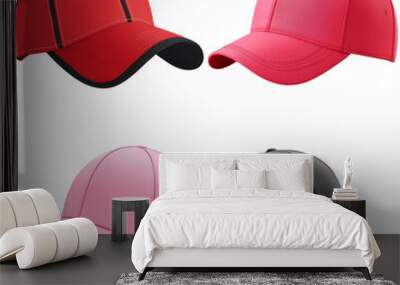 Baseball Caps in Red, Pink, and Black on Transparent Background Wall mural