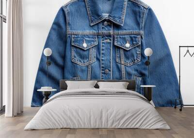 Classic blue denim jacket with buttons, pockets, collar and long sleeves. Fashionable clothing item. Wall mural