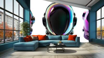 Collection of futuristic astronaut helmets with iridescent colors and sleek design, symbolizing space exploration and technology Wall mural