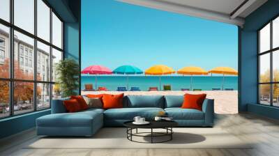 Colorful beach umbrellas and chairs lined up on a sandy shore with turquoise water and clear sky. Concept of relaxation, vacation, and summer enjoyment Wall mural