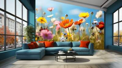 Colorful cosmos flowers in the meadow with blue sky background. Wall mural