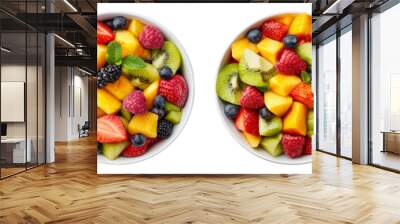 Colorful fruit salad bowls with a variety of fresh fruits including berries, kiwi, and mango Wall mural