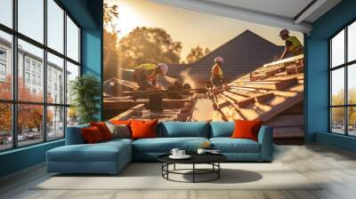 Construction workers installing roof tiles on a new residential construction site at sunset Wall mural