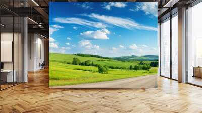 Country road in green field and blue sky with clouds. Panoramic view. Wall mural