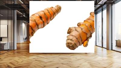 Fresh turmeric roots displayed in various angles, highlighting their texture and color. Ideal for culinary uses and health benefits Wall mural