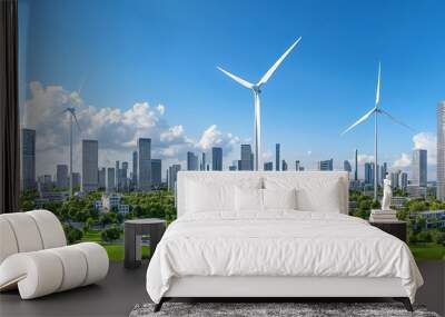 Futuristic cityscape with wind turbines and green landscapes under a blue sky. Concept of sustainable energy and urban development Wall mural