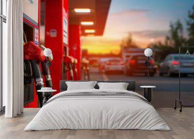 Gasoline pumps at a fuel station during sunset. Concept of energy, fuel consumption, and transportation. Wall mural