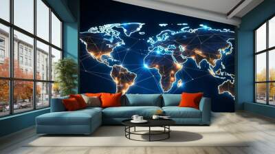 Illuminated global network connections on world map depicting international communication and data exchange Wall mural