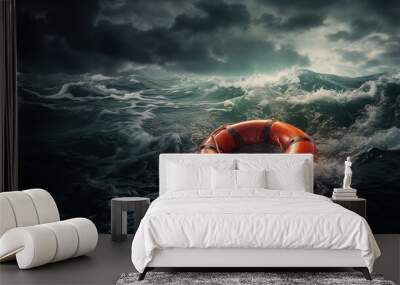 Lifebuoy in stormy sea Wall mural