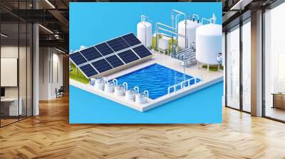 Renewable energy facility featuring solar panels and storage tanks on a blue background, symbolizing sustainable technology Wall mural