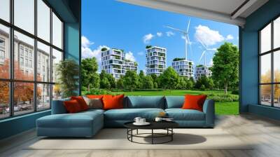 Sustainable residential buildings with wind turbines surrounded by greenery. Modern eco-friendly urban housing with renewable energy. Wall mural