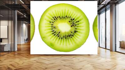 Three slices of fresh, juicy kiwi fruit isolated on a transparent background. The vibrant green flesh and black seeds are a testament to their freshness and flavor. Wall mural