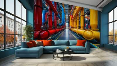 Vividly colored industrial pipes in a factory setting, concept of energy systems, engineering, and modern manufacturing Wall mural