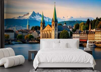 Ship is sailing by St. Peter's church and abbey, the two most popular places of visit in Zurich, Switzerland. Wall mural