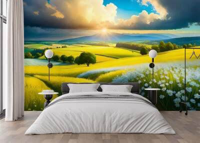 sunset over the field and trees. Wall mural