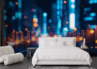 Digital Cityscape with Neon Lights and Technological Glow at Night Wall mural